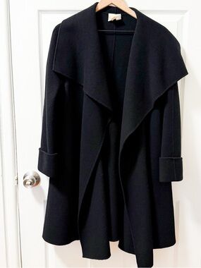 Minimalist Black Draped Coat Oversized Open Front Wool Quiet Luxury Jacket VTG
